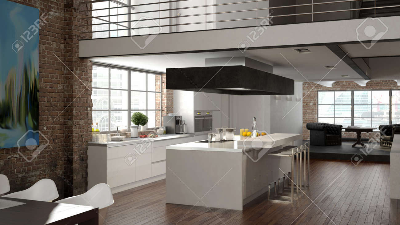 Wohnzimmer und kuche in einem kleinen raum moderne loft mit küche und wohnzimmer d rendering