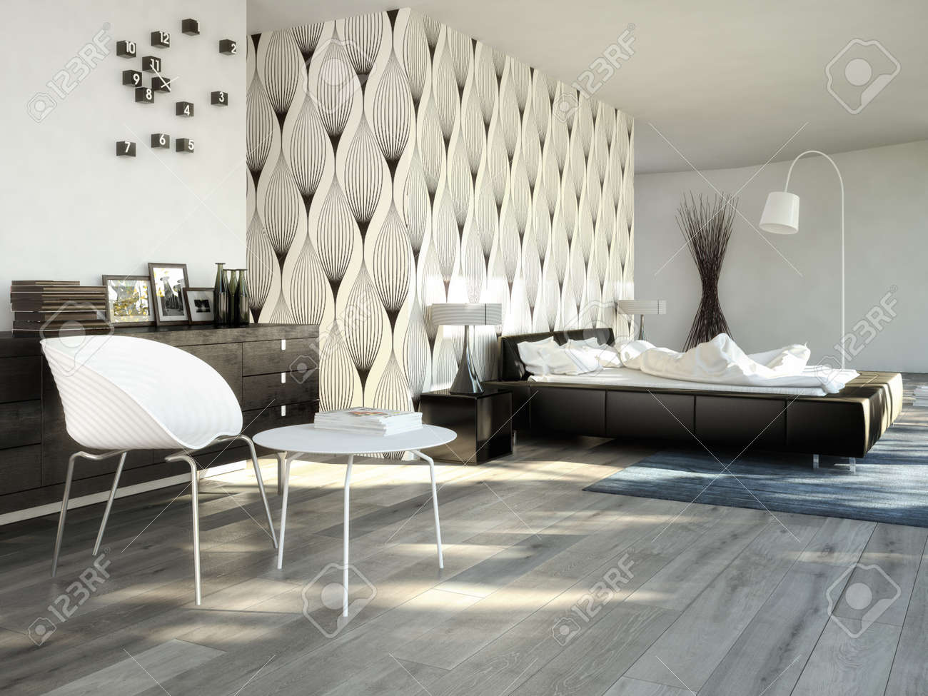 Grote moderne slaapkamer in een chique appartement. royalty vrije ...
