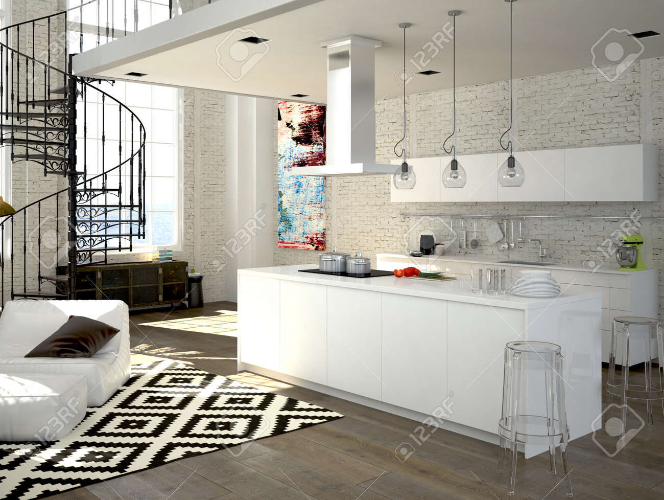 Loft moderne avec une cuisine et un salon. rendu 3d banque d ...