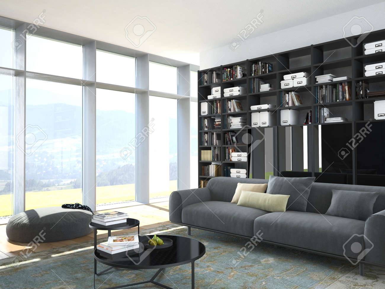 3d rendering.modern soffa och trä bokhylla i vardagsrummet royalty ...