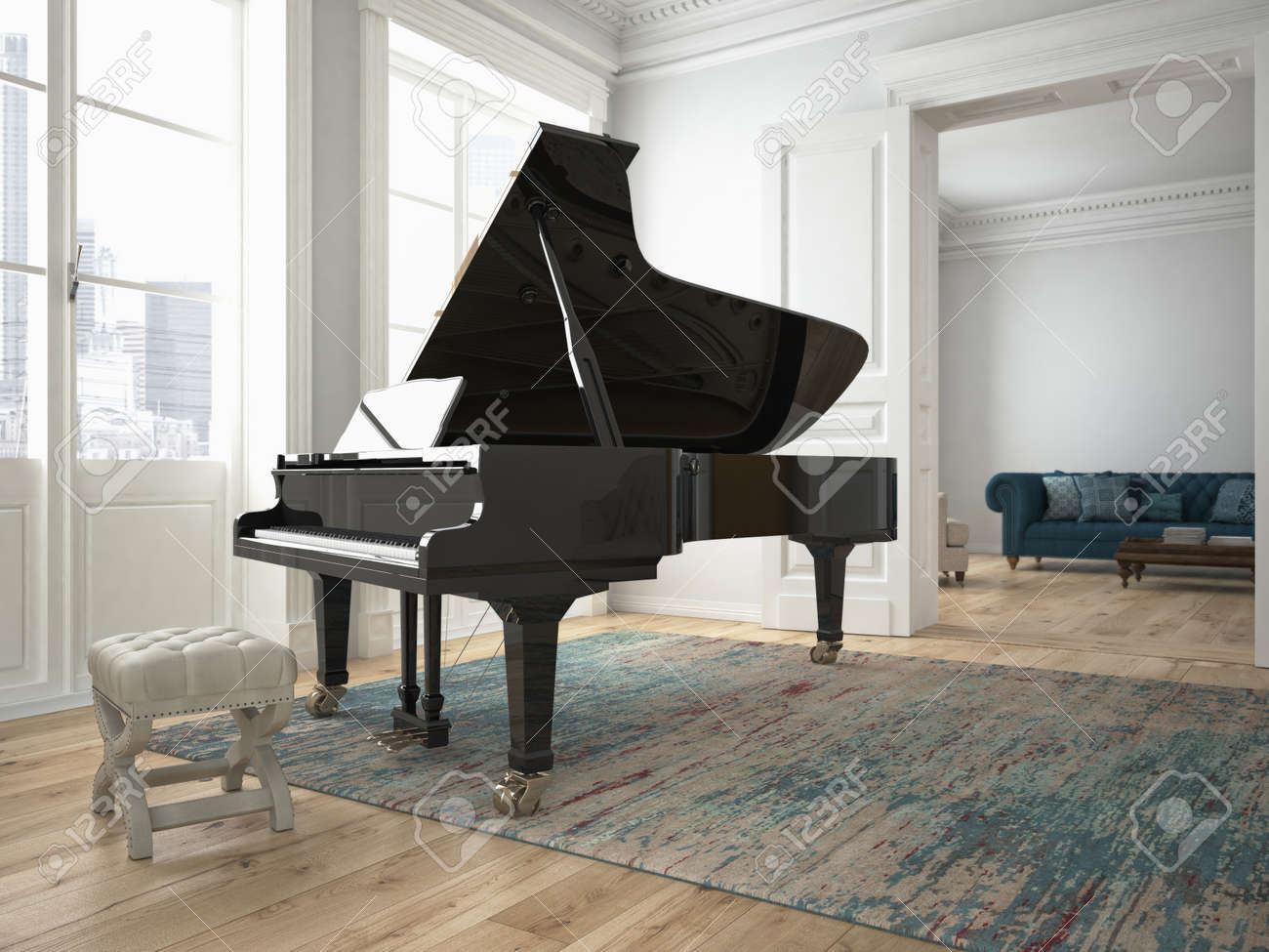 Un piano noir dans un salon moderne. rendu 3d banque d'images et ...