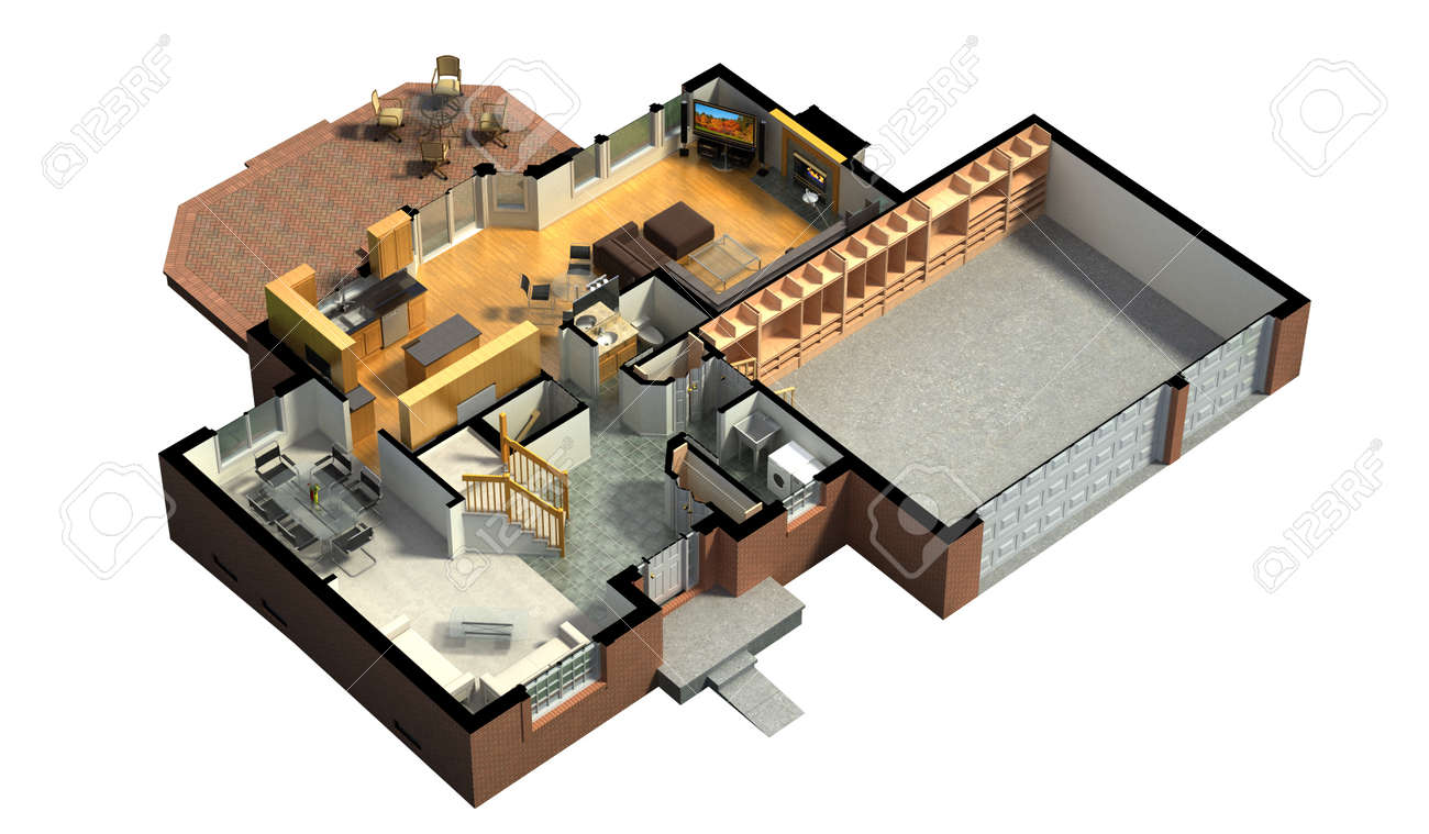3d rendering di una casa residenziale arredata, con il primo piano ...
