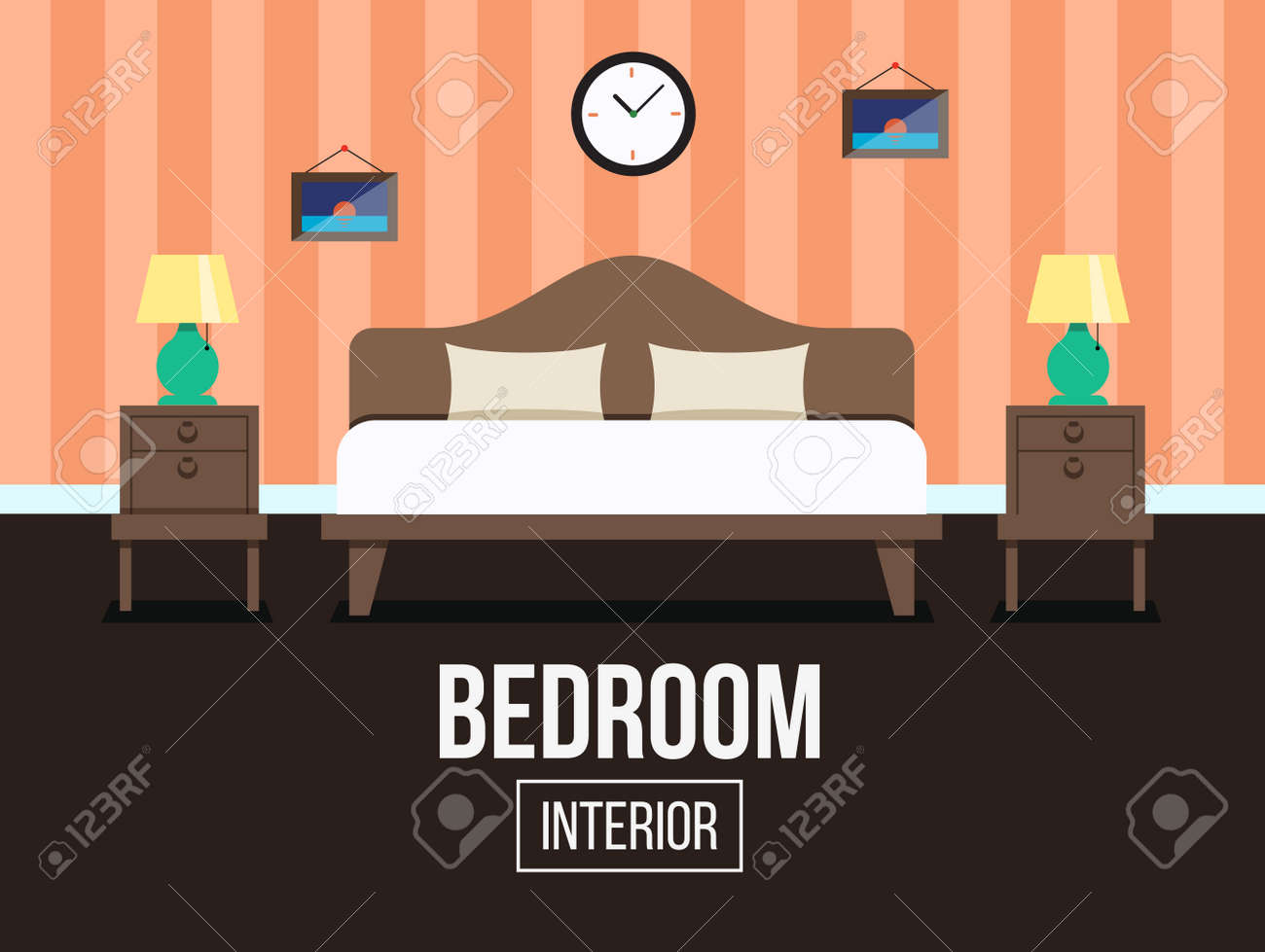 Slaapkamer interieur ontwerp illustratie. bed met nachtkastjes en ...