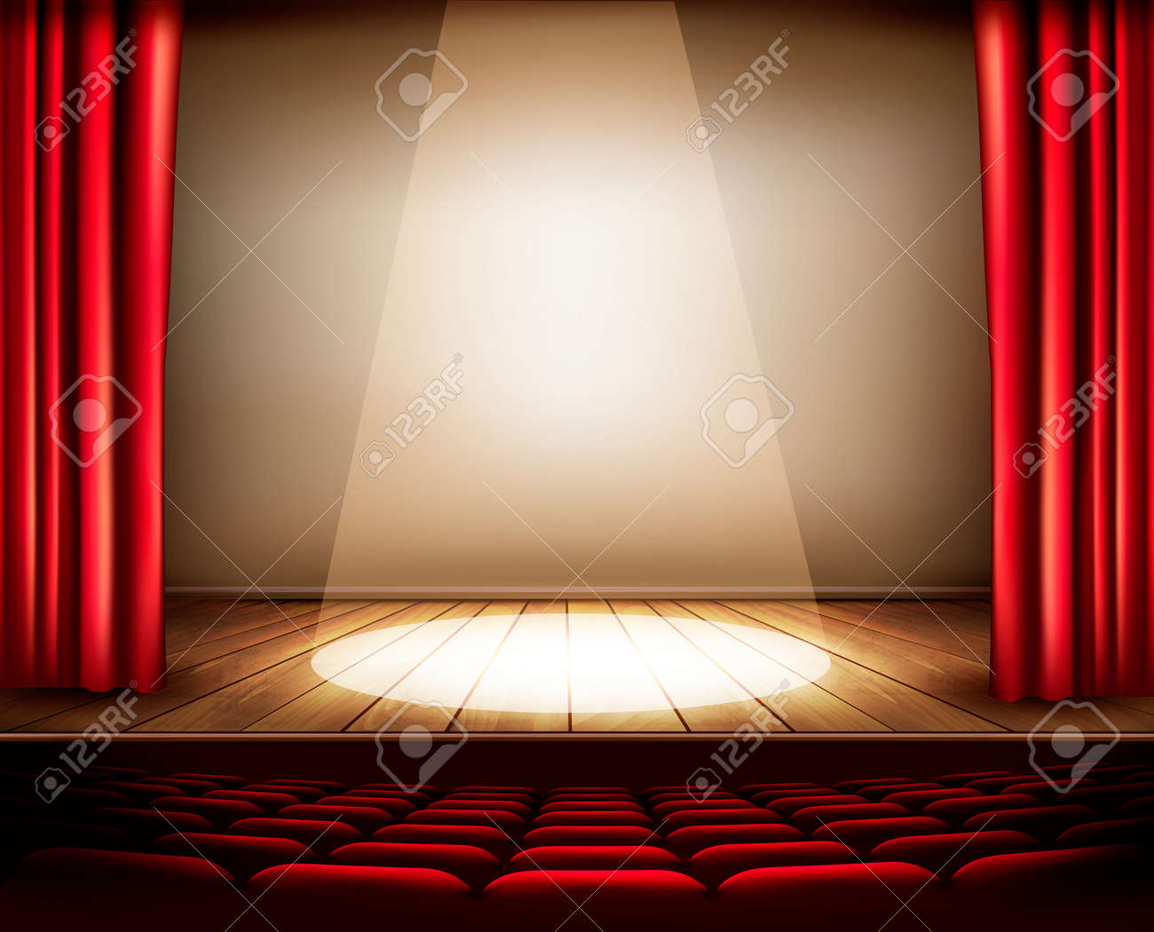 Een theater podium met een rood gordijn, stoelen en een ...