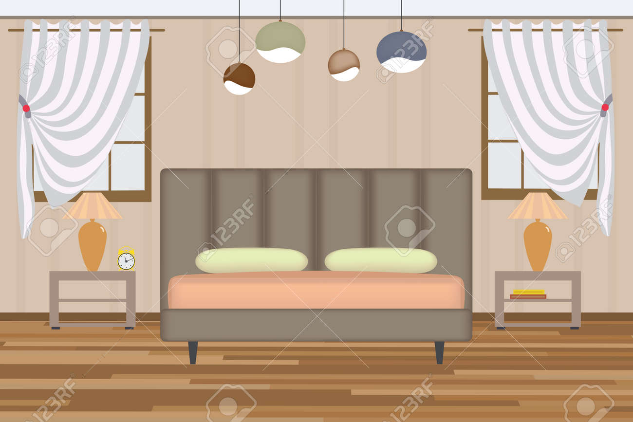 Sovrum illustrationen. höjd rum med säng, sidobord, lampa, fönster ...