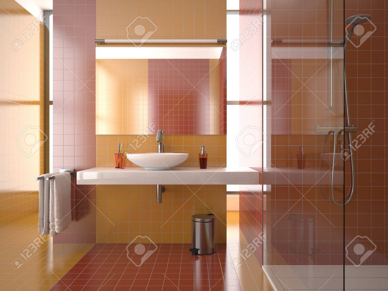 Baño moderno con tejas rojas y naranjas fotos, retratos, imágenes ...