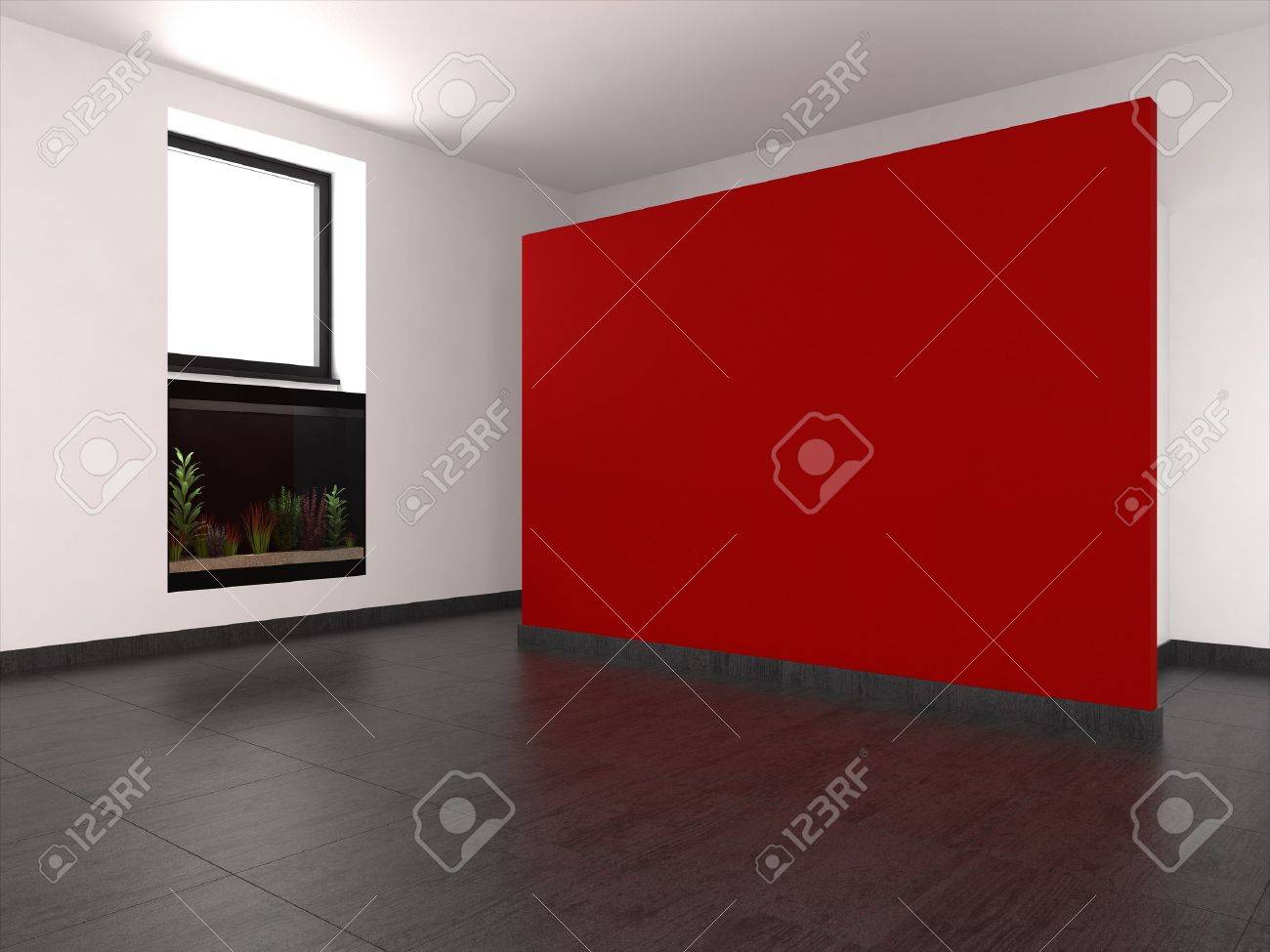 Chambre vide moderne avec mur rouge et aquarium banque d'images et ...