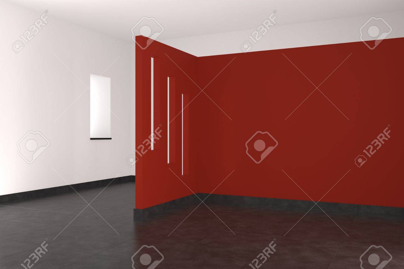 Moderne lege interieur met rode muur betegelde vloer en raam ...