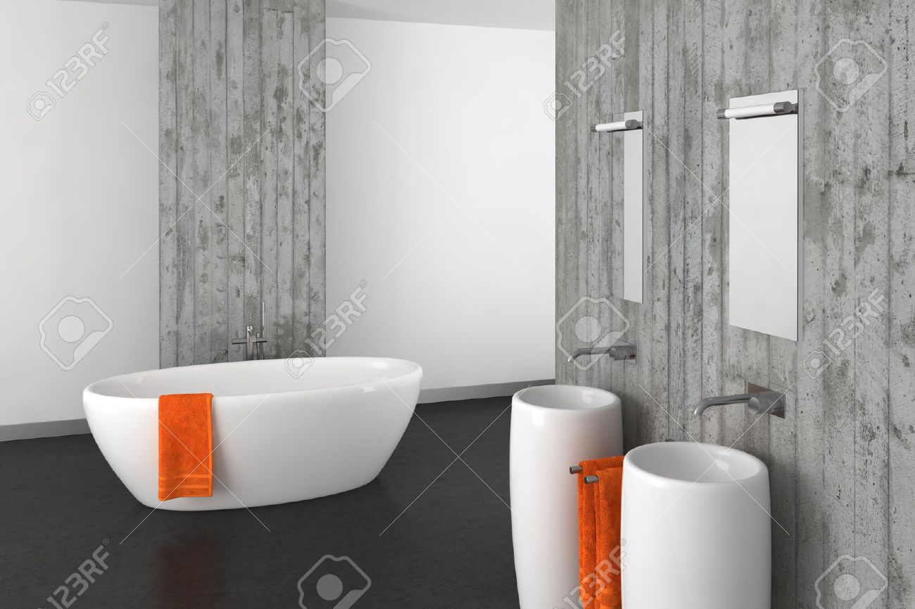 Moderno bagno con doppio lavabo a muro di cemento e pavimento ... Pavimento moderno
