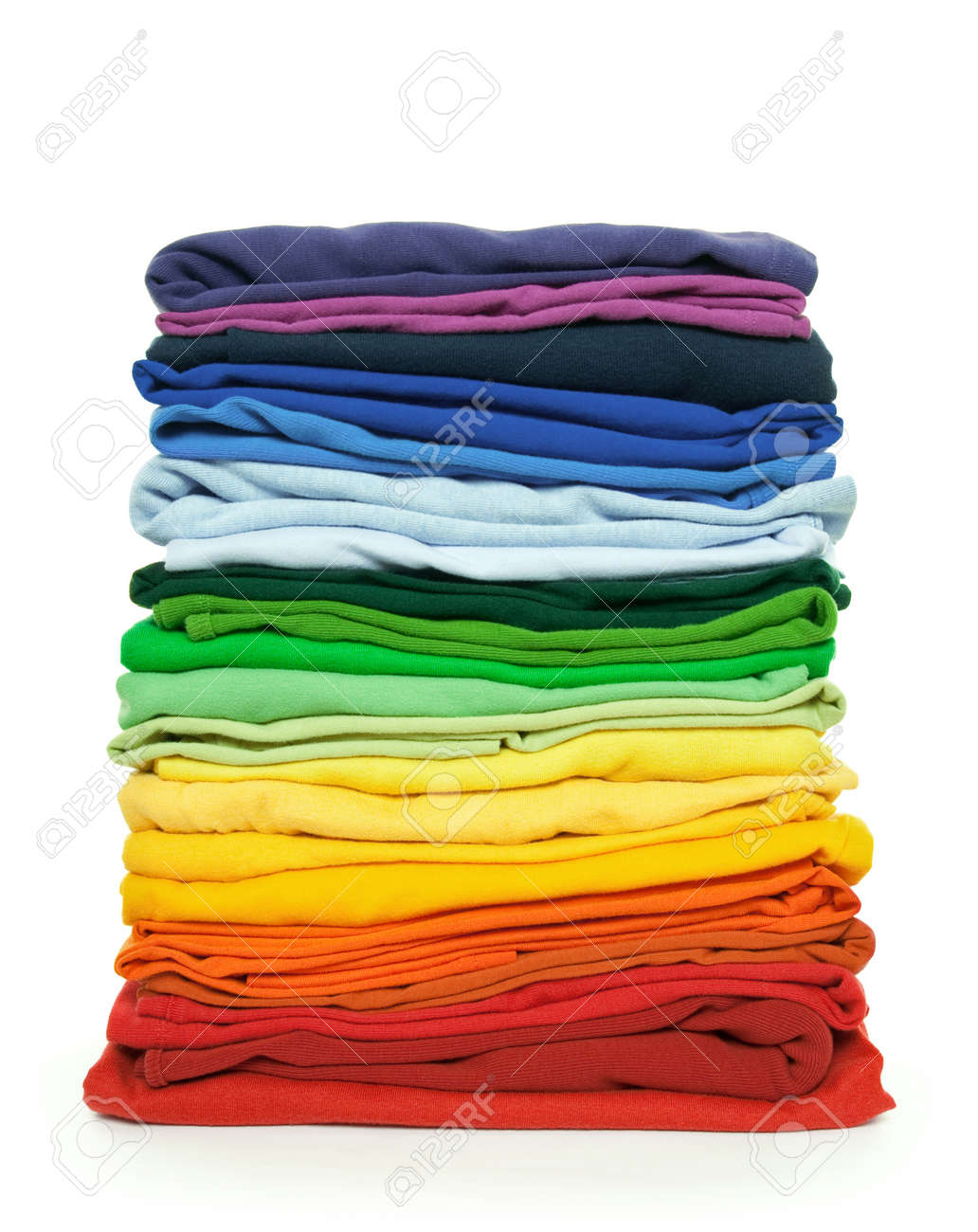 Fold Neat Stack Shirts Pile of bright folded clothes on white background.