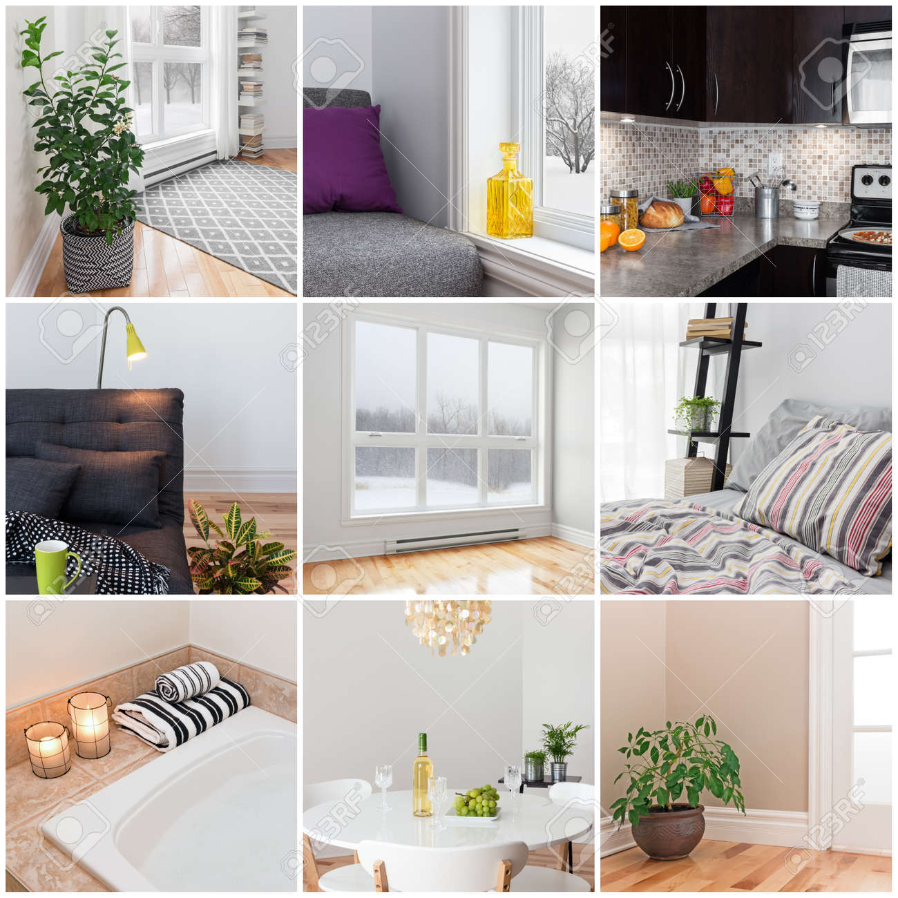 Moderne woning woonkamer, eetkamer, slaapkamer, keuken, badkamer ...