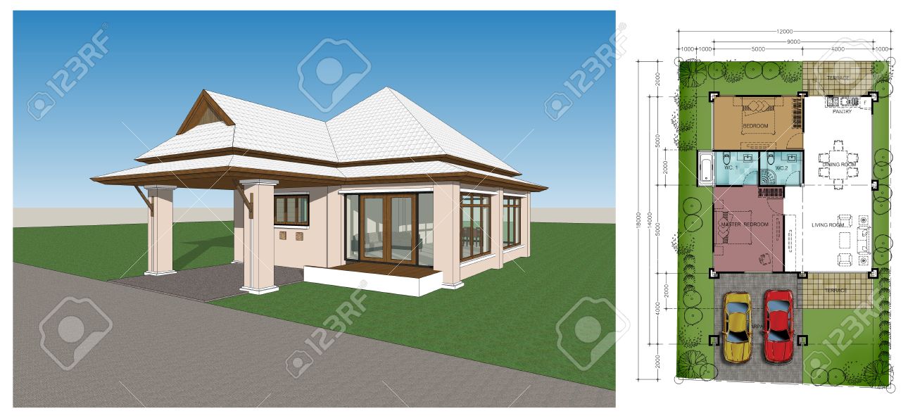 3d rendering, planen zwei schlafzimmer tropischen moderne haus ...