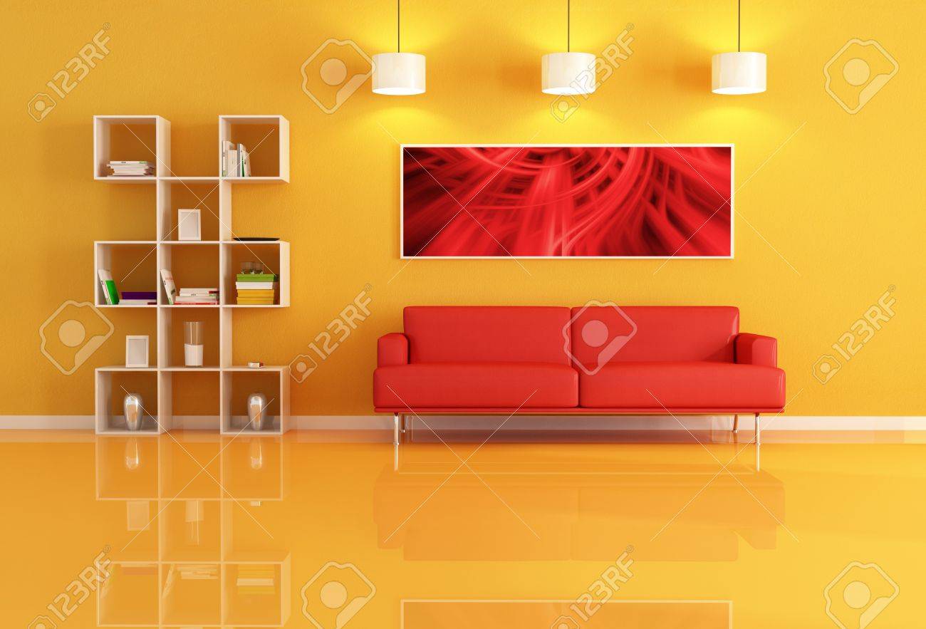 Living Room White Modern Bookcase,sofa And Abstract Picture Stock Living Room White Modern Bookcase,sofa And Abstract Picture Stock