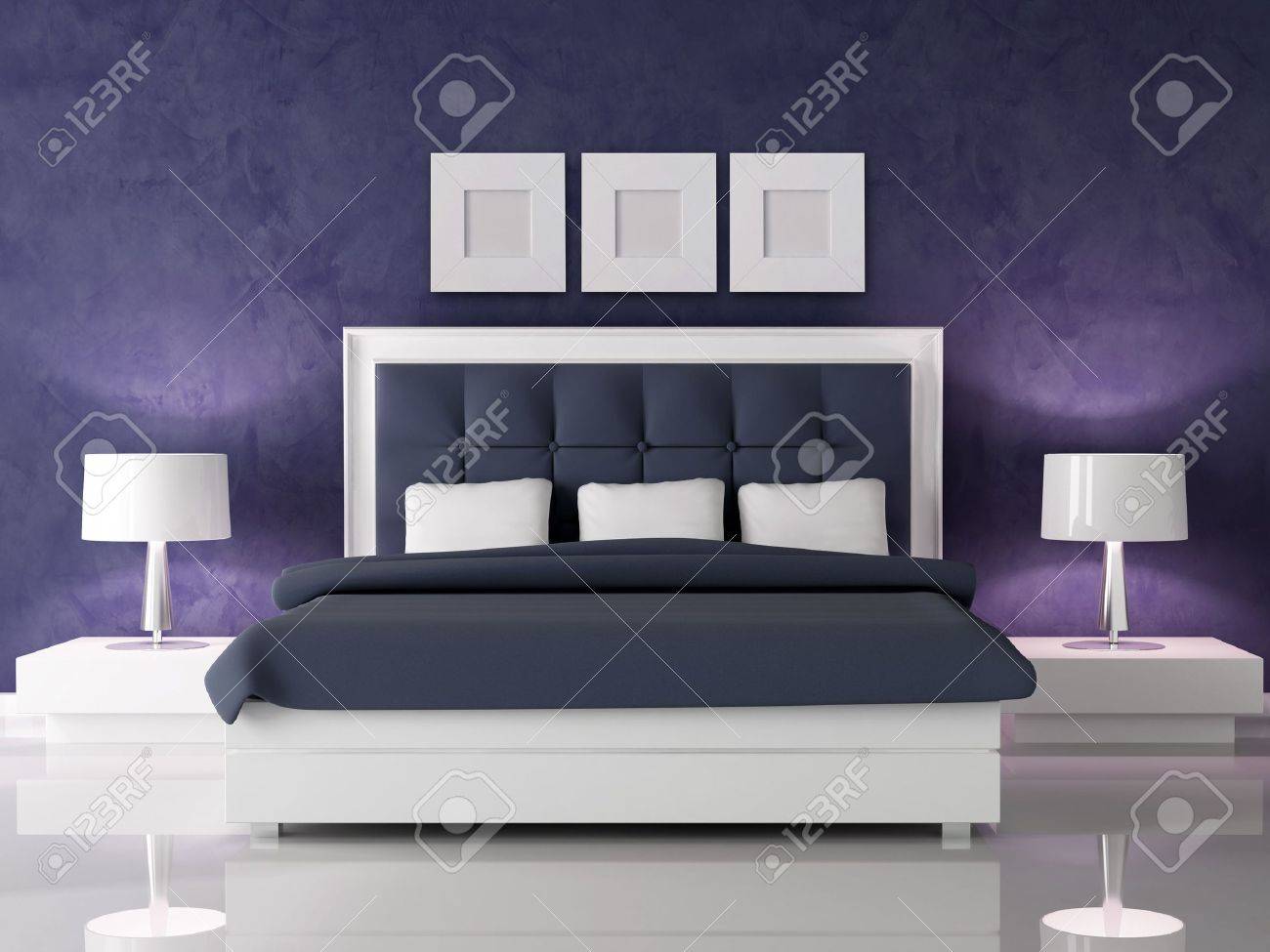 Fashio wit en marine blauwe slaap kamer tegen donkere paarse ... Ontwerp slaapkamer in het blauw