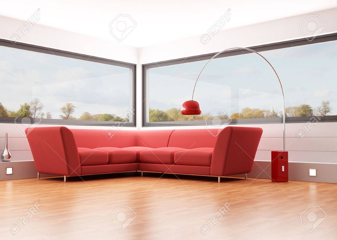 Salon moderne avec canapé de velours rouge et de grandes fenêtres ...
