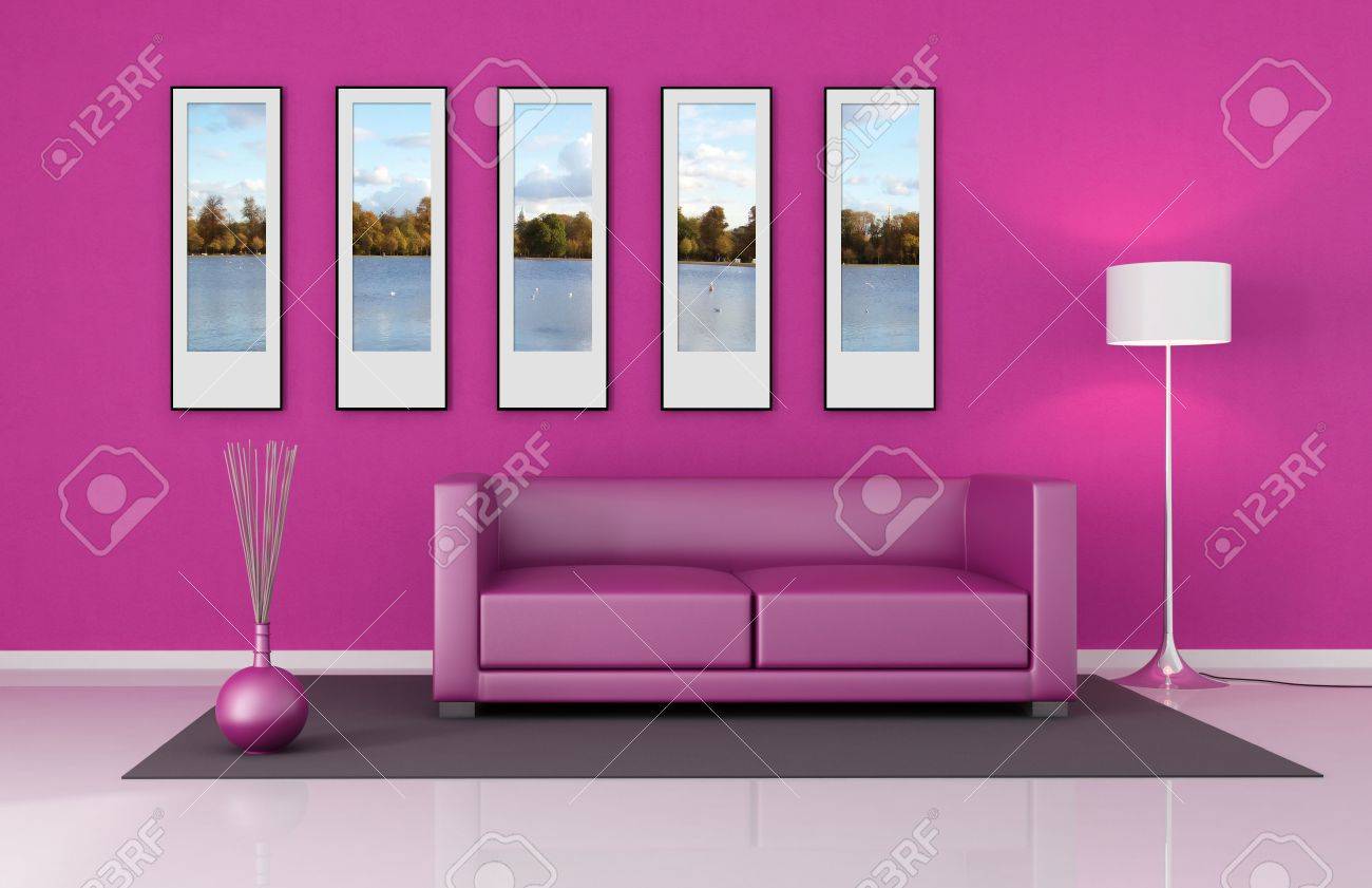 Roze woonkamer met lederen bank en foto frame van de beelden op de ...