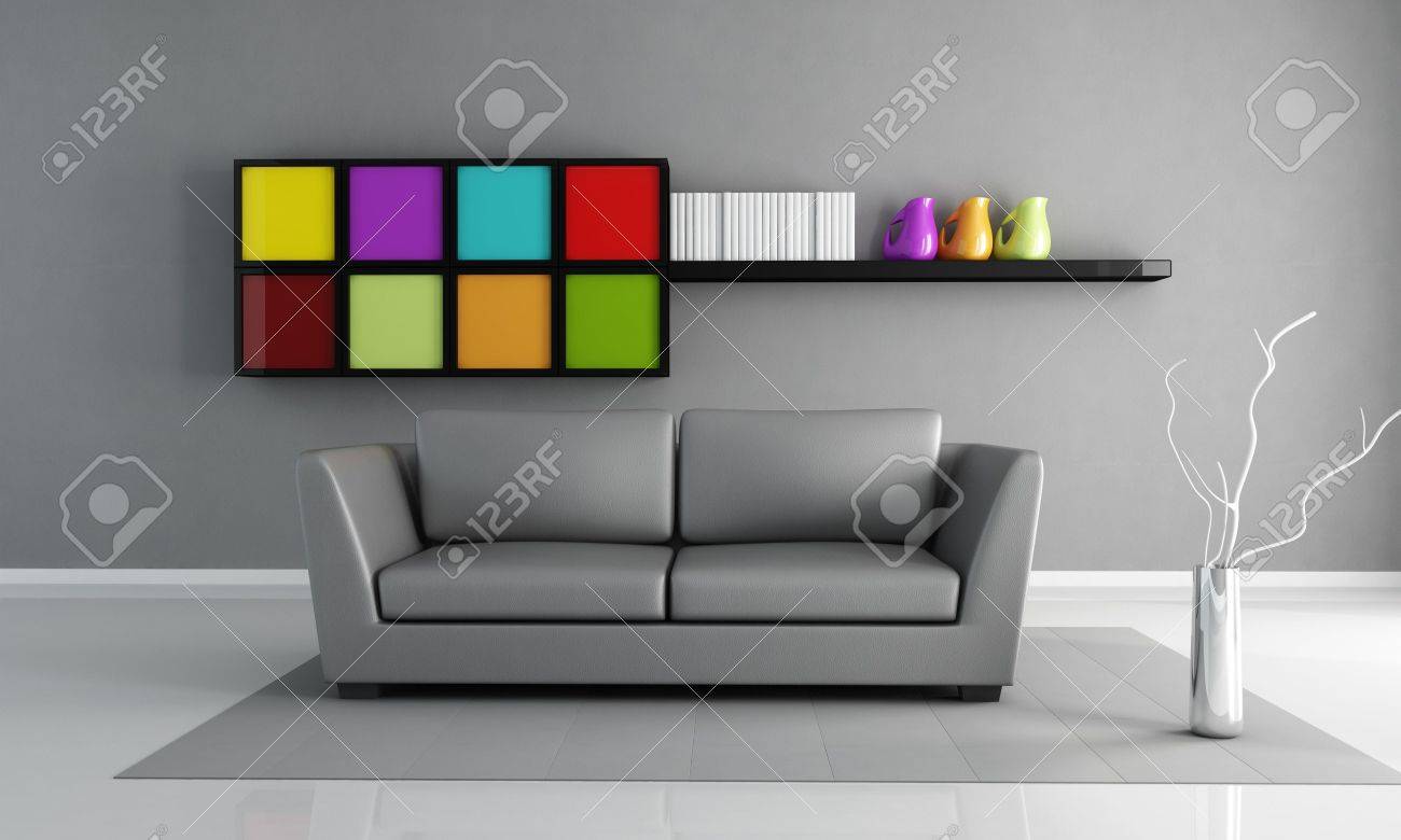 Grijze leren bank en gekleurde kabinet in een minimalistisch wonen ...