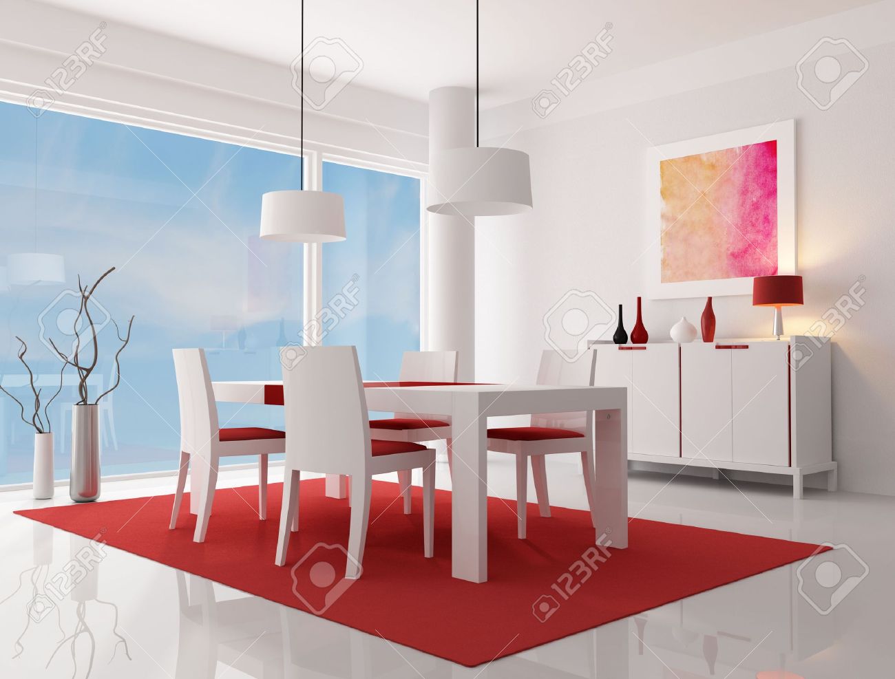 Blanc et rouge salon moderne rendu l'?uvre d'art sur le mur ...