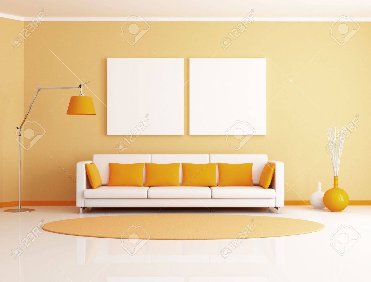 Oranje en witte minimalistische woonkamer weergave royalty vrije ...