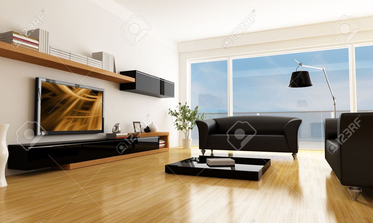 Zwart wit woonkamer met lcd tv kunst op scherm is een mijn ...