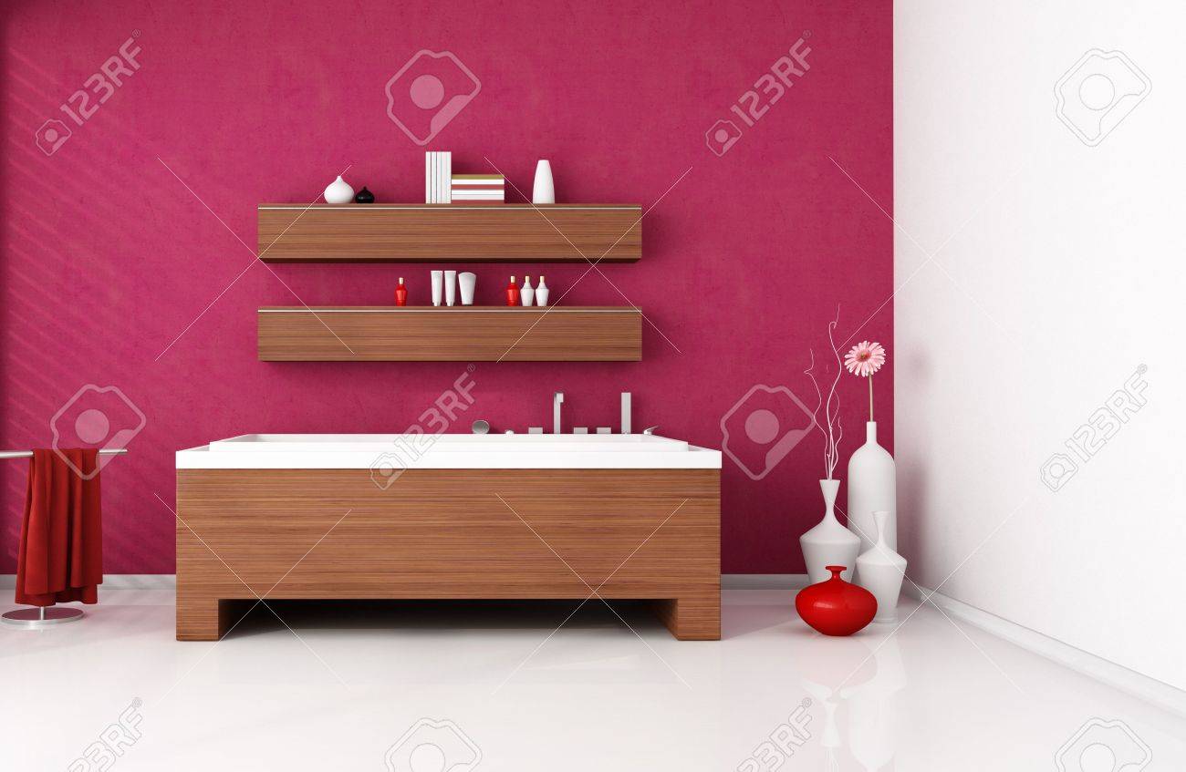 Salle de bain moderne avec baignoire en bois fashion rendu banque ...