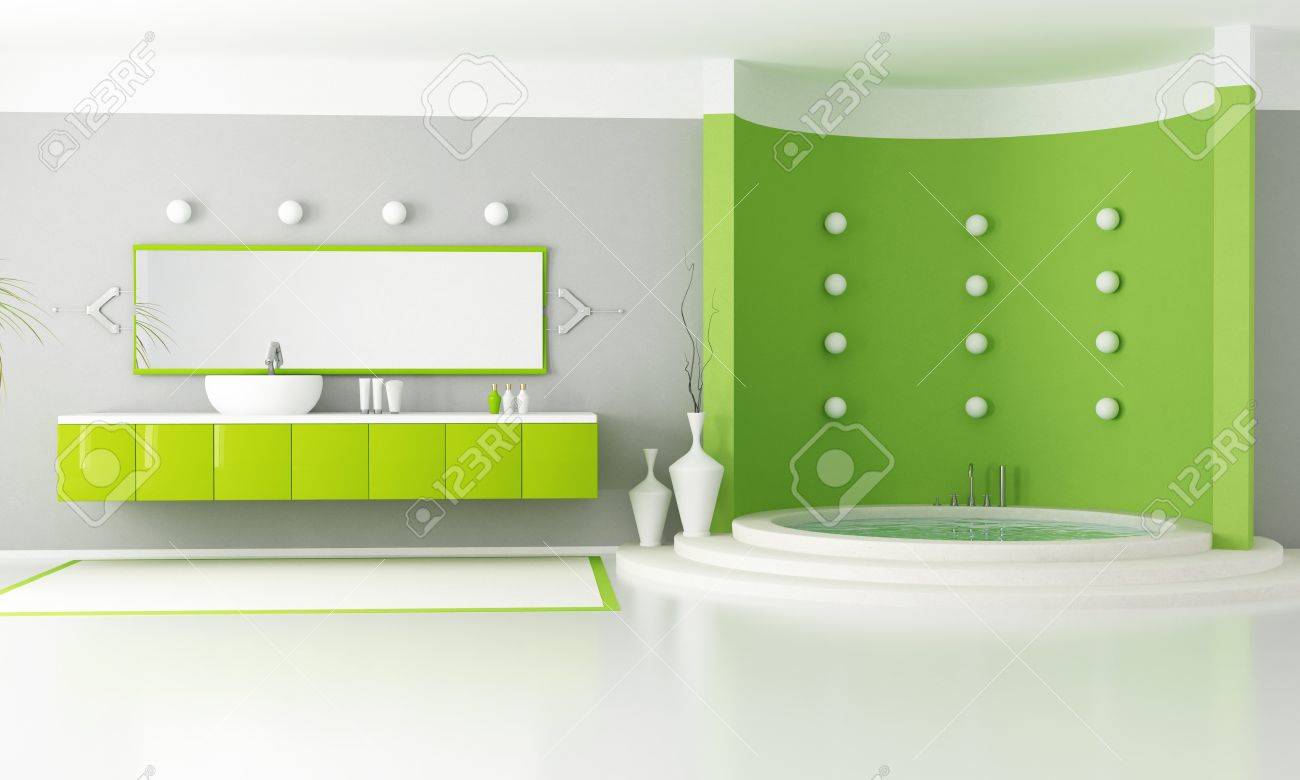 Groene moderne badkamer met circulaire luxe bad rendering ...