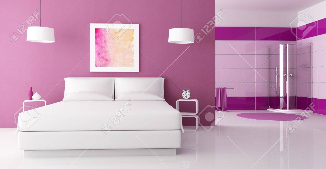 Purple chambre avec lit double et cabine douche rendu the art ...