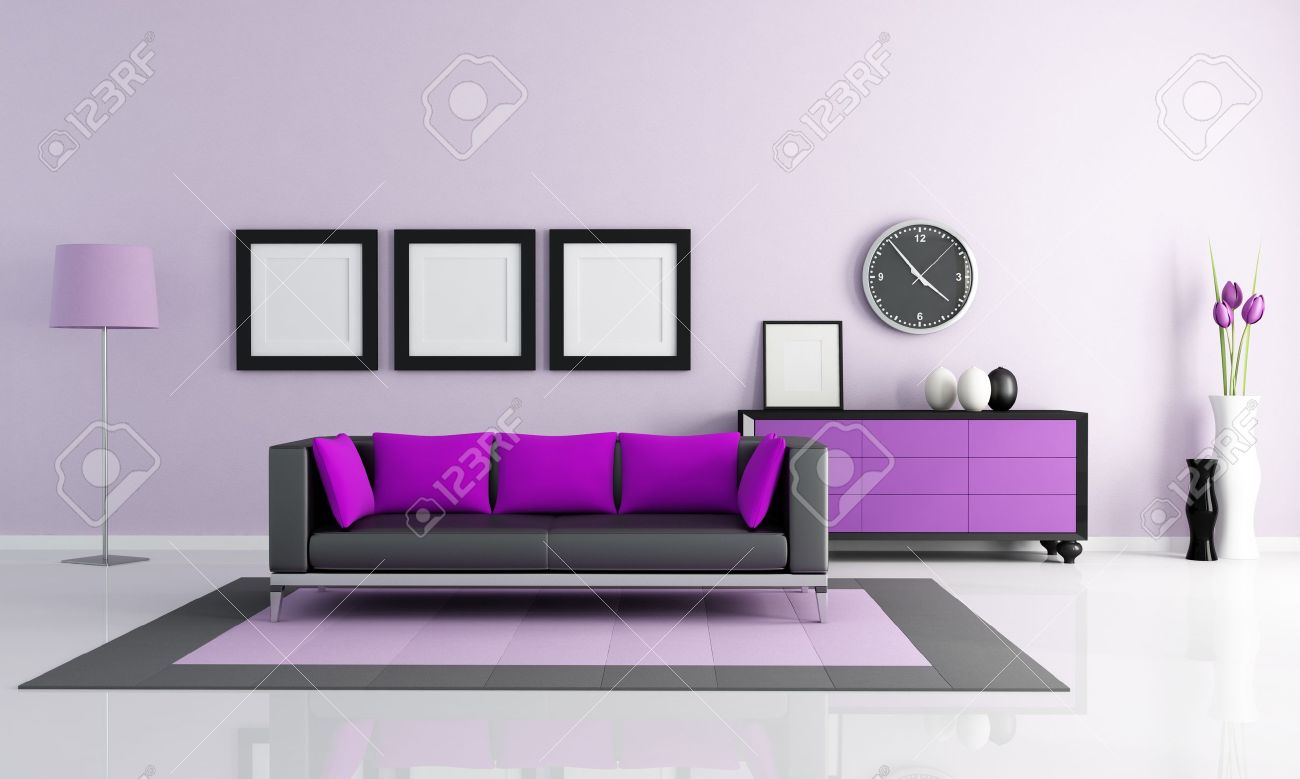 Contemporary purple and lilla living room rendering stock photo ... Lila sofa