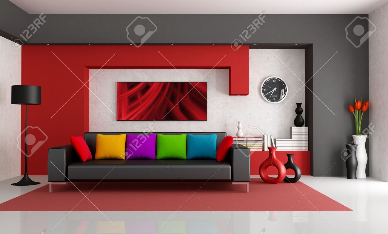 Rood wit en zwart moderne woonkamer met zwarte bank rendering ...
