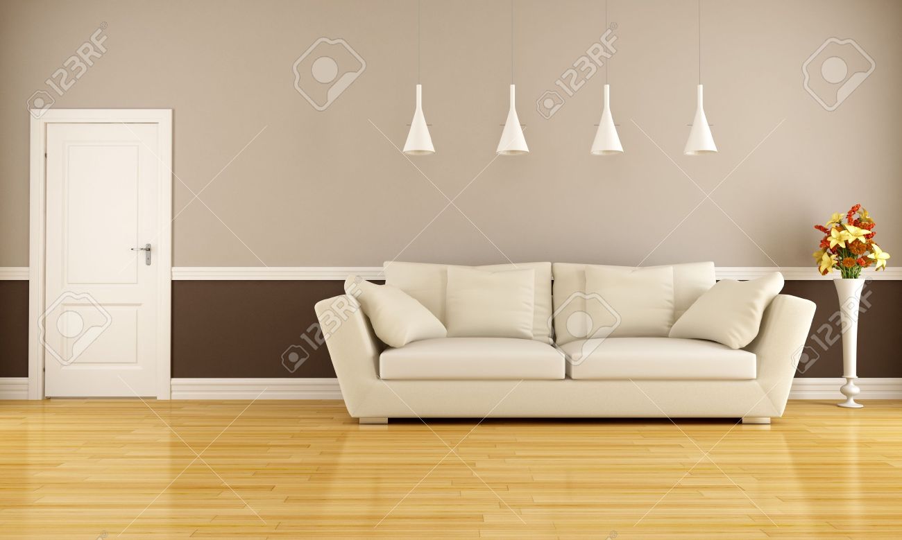 Beige und braun wohnzimmer mit sofa und tür rendering ...