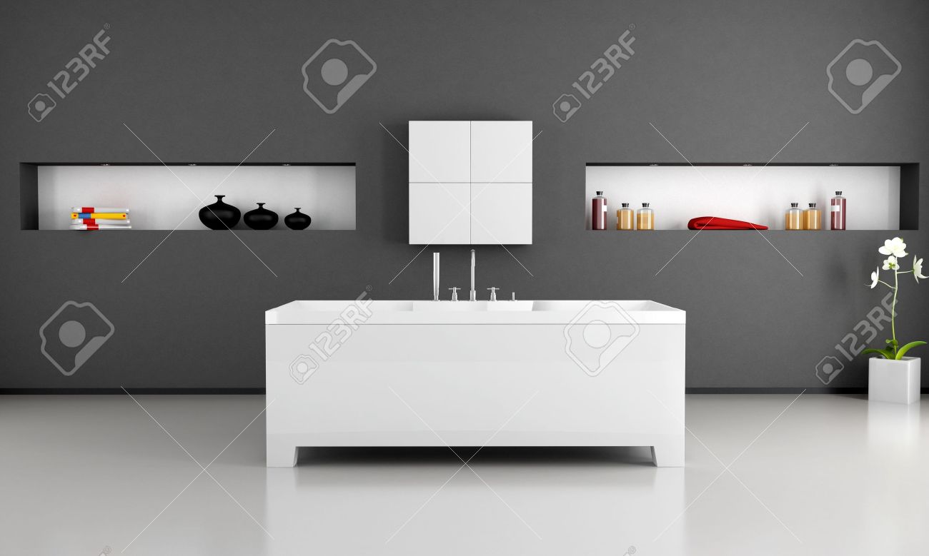 Noir et blanc salle de bain moderne avec baignoire minimaliste ...