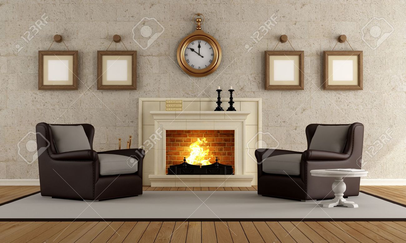 Vintage wohnzimmer mit zwei sessel und kamin rendering ...