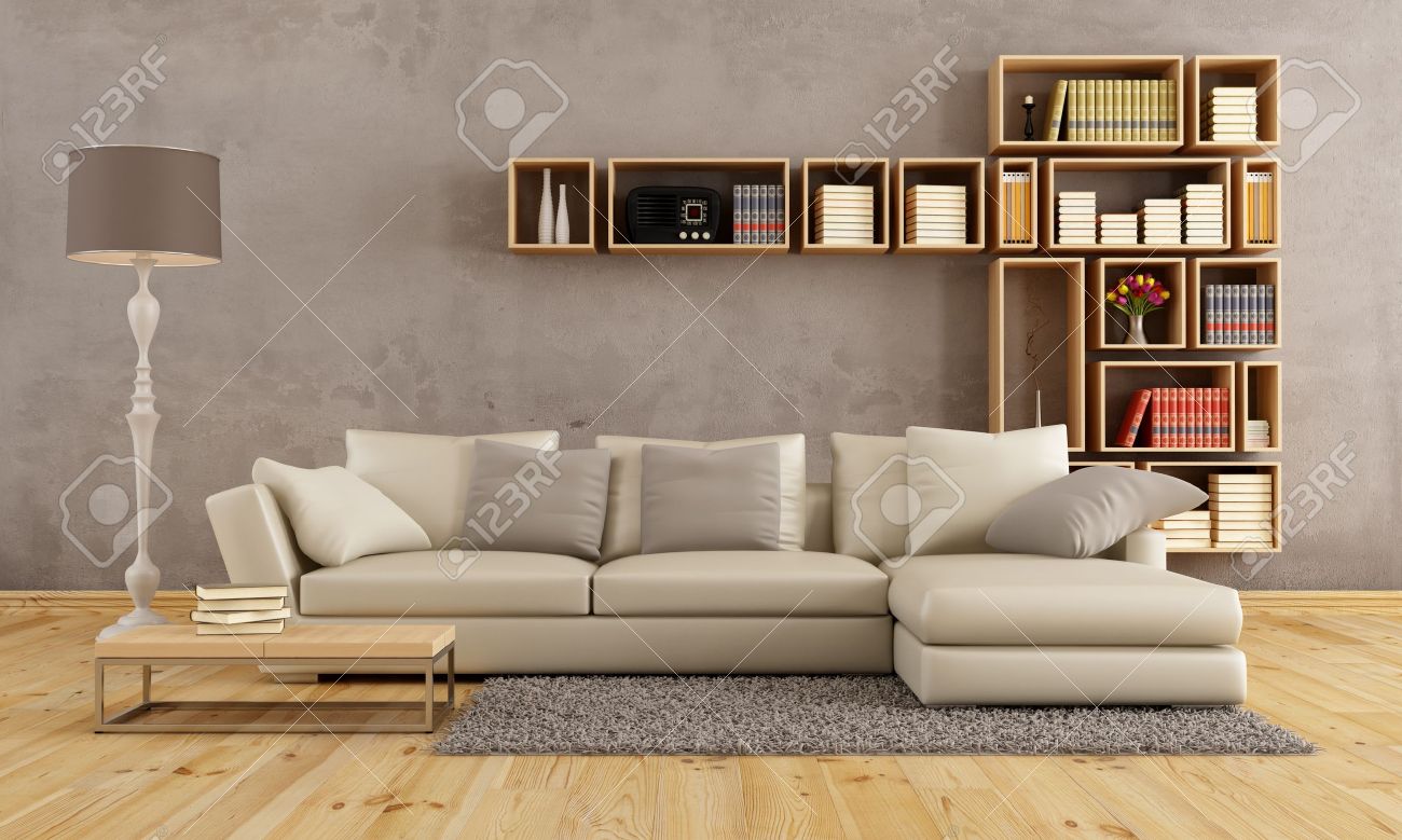 Woonkamer met een elegante bank en muur boekenkast rendering ...