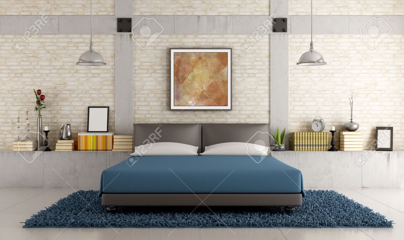 Chambre à coucher contemporaine dans un loft avec mur de briques ...