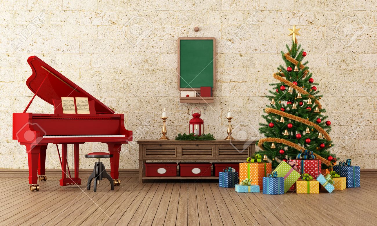 Vintage woonkamer met kerst boom decoratie en rode grand piano ...