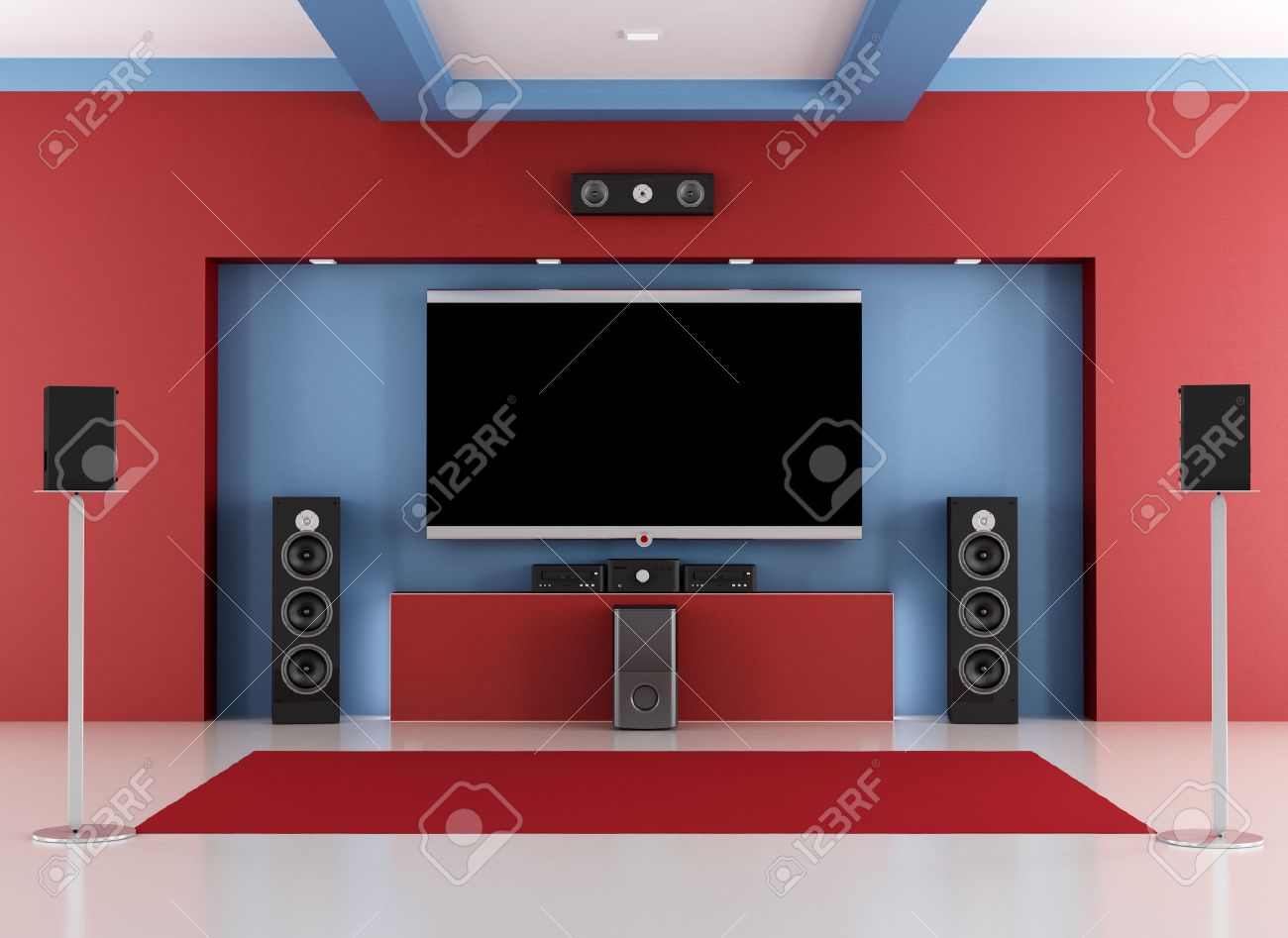 Rood en blauw home cinema kamer met led tv rendering royalty ...