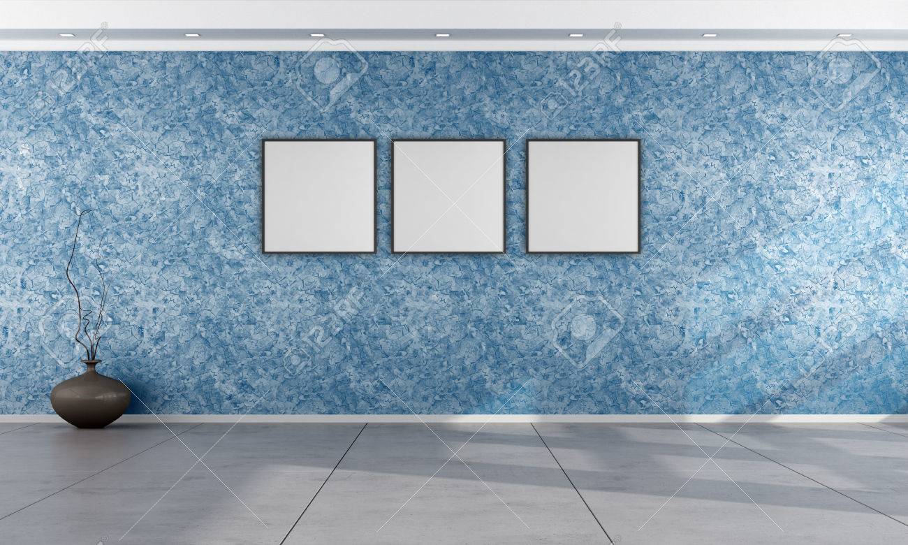 Woonkamer met venetiaanse pleister muur in het blauw rendering ...