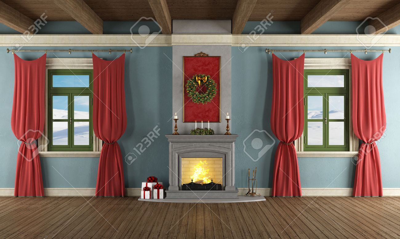 Lyxiga vardagsrum med öppen spis och juldekor rendering royalty ...