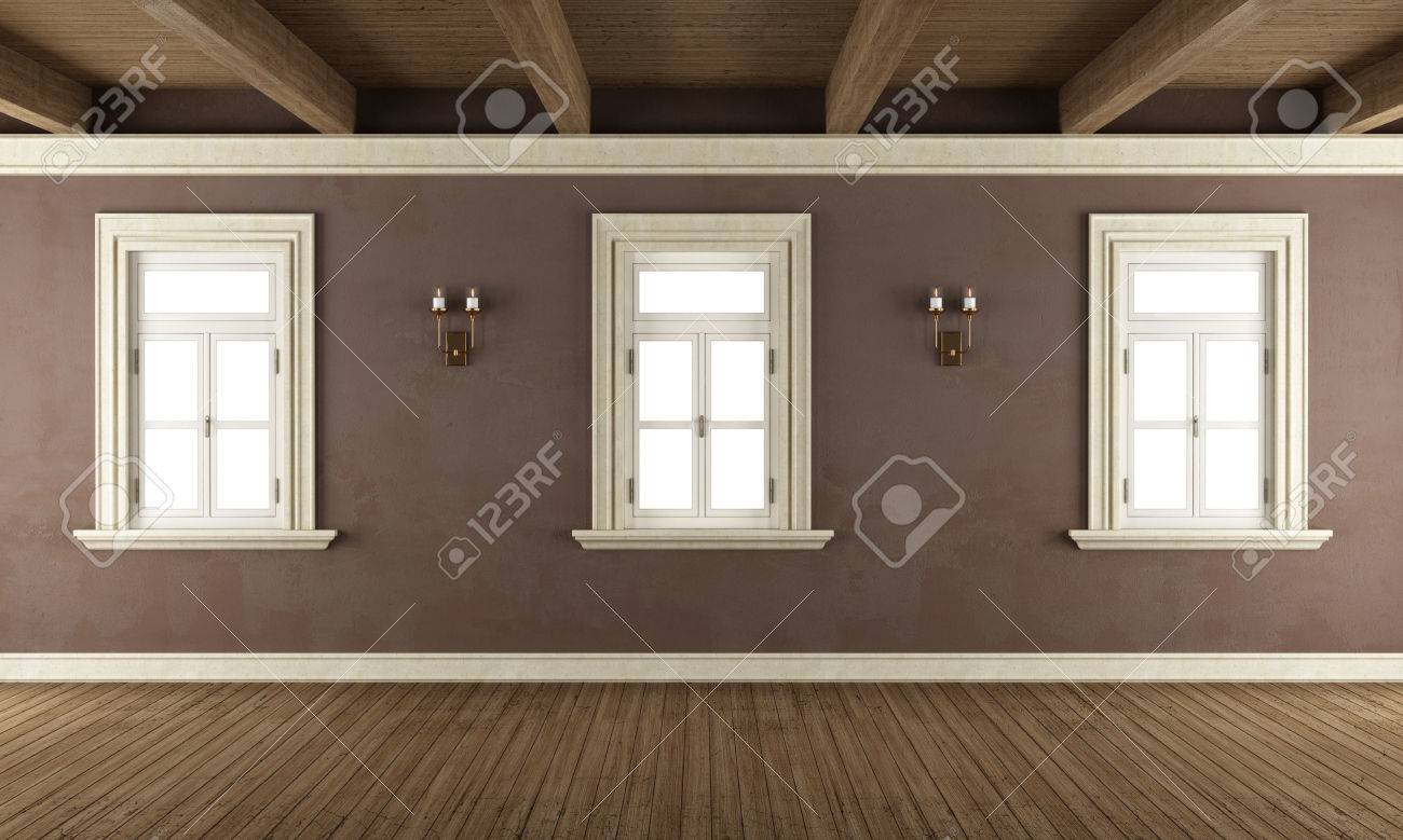 Alter raum mit drei fenstern, holzdecke und braune wand rendering ... Raum graue wand