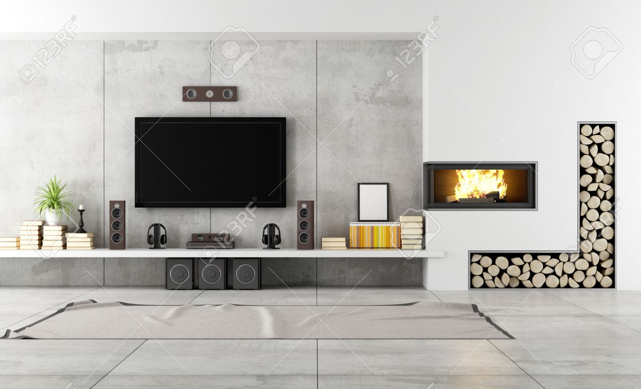 Moderne wohnzimmer mit tv und kamin rendering lizenzfreie fotos ...