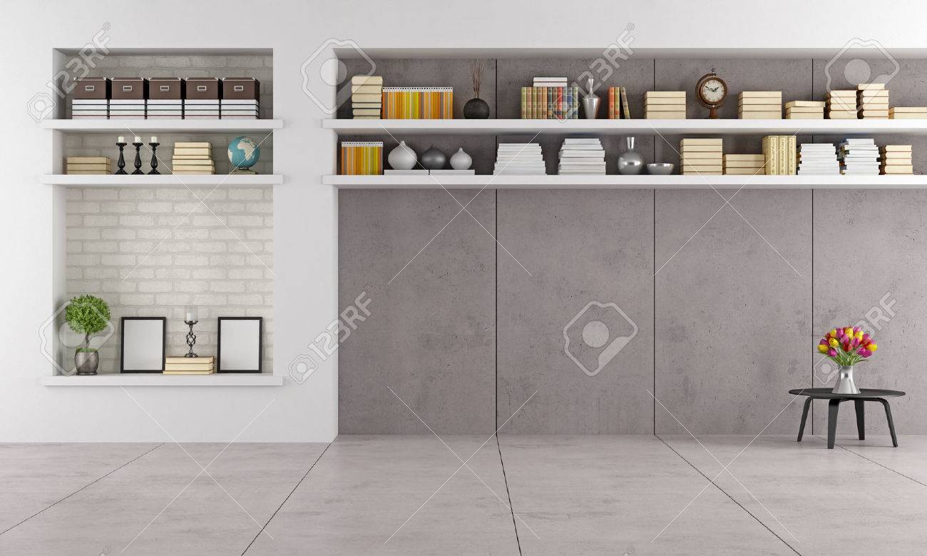 Moderne wohnzimmer witz nische und regale ohne möbel rendering lizenzfreie bilder 30563351