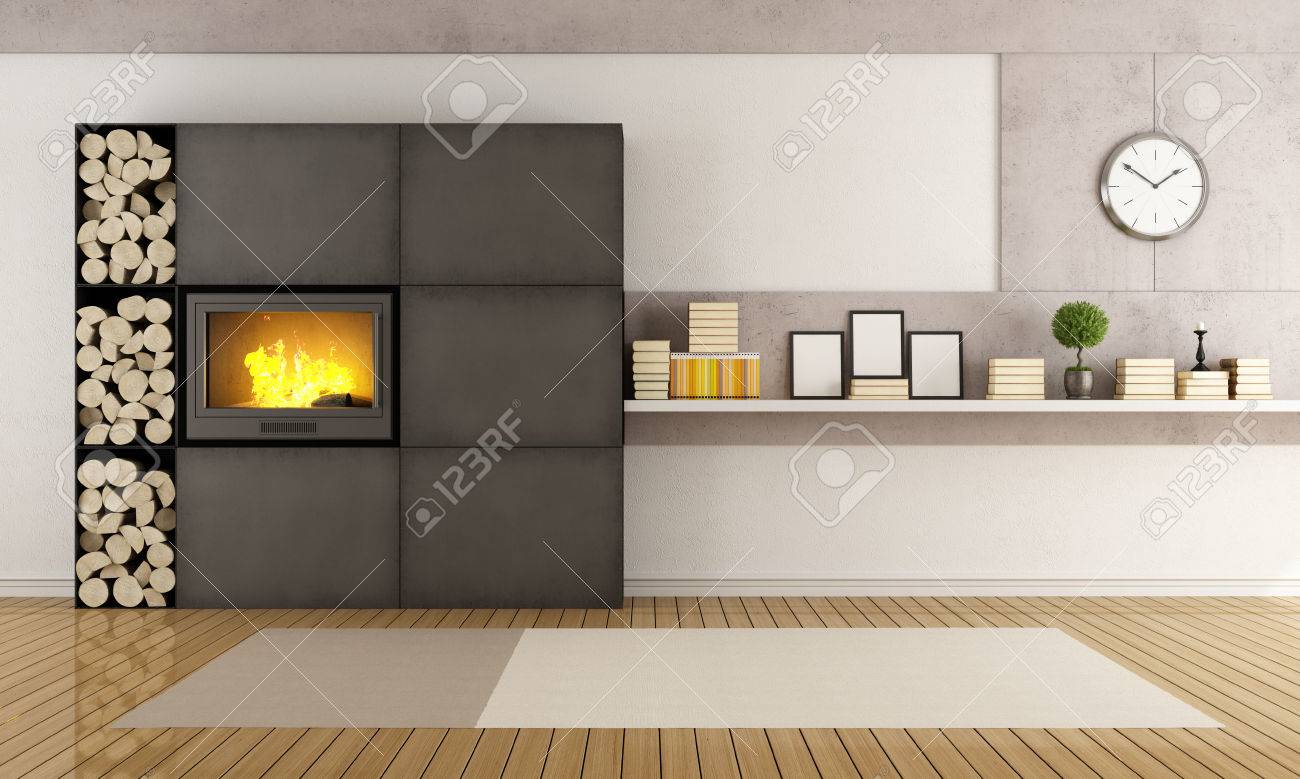 Cheminée minimaliste de fer dans un salon contemporain rendu ...