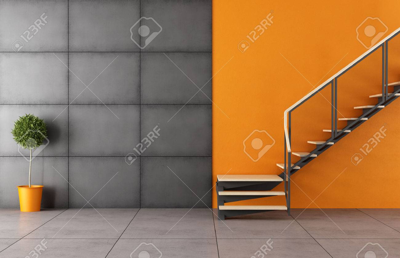 Cette chambre moderne avec escalier et panneau noir fer sans ...
