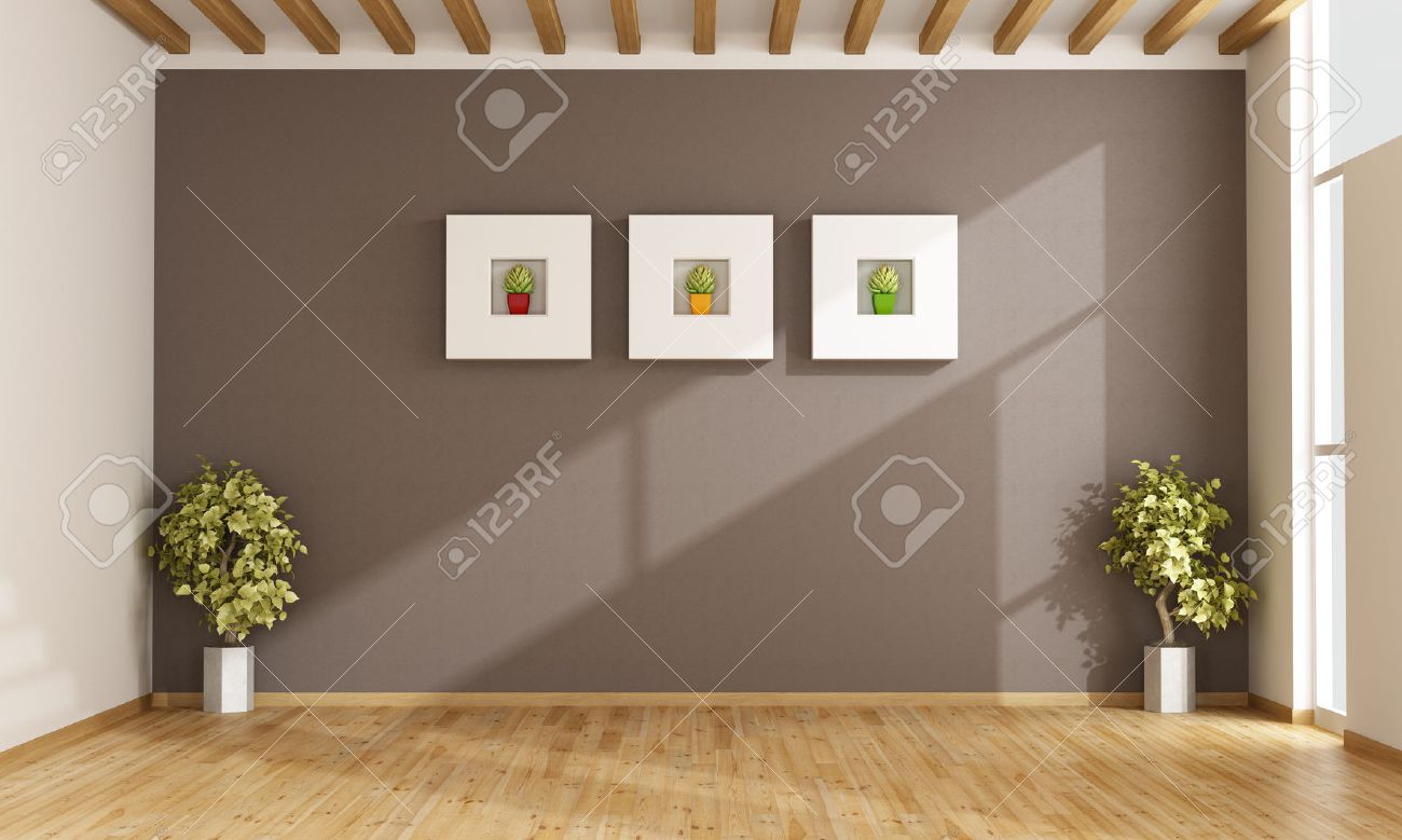 Lege woonkamer met bruine muur, ramen en parket 3d rendering ... Woonkamer wit bruin