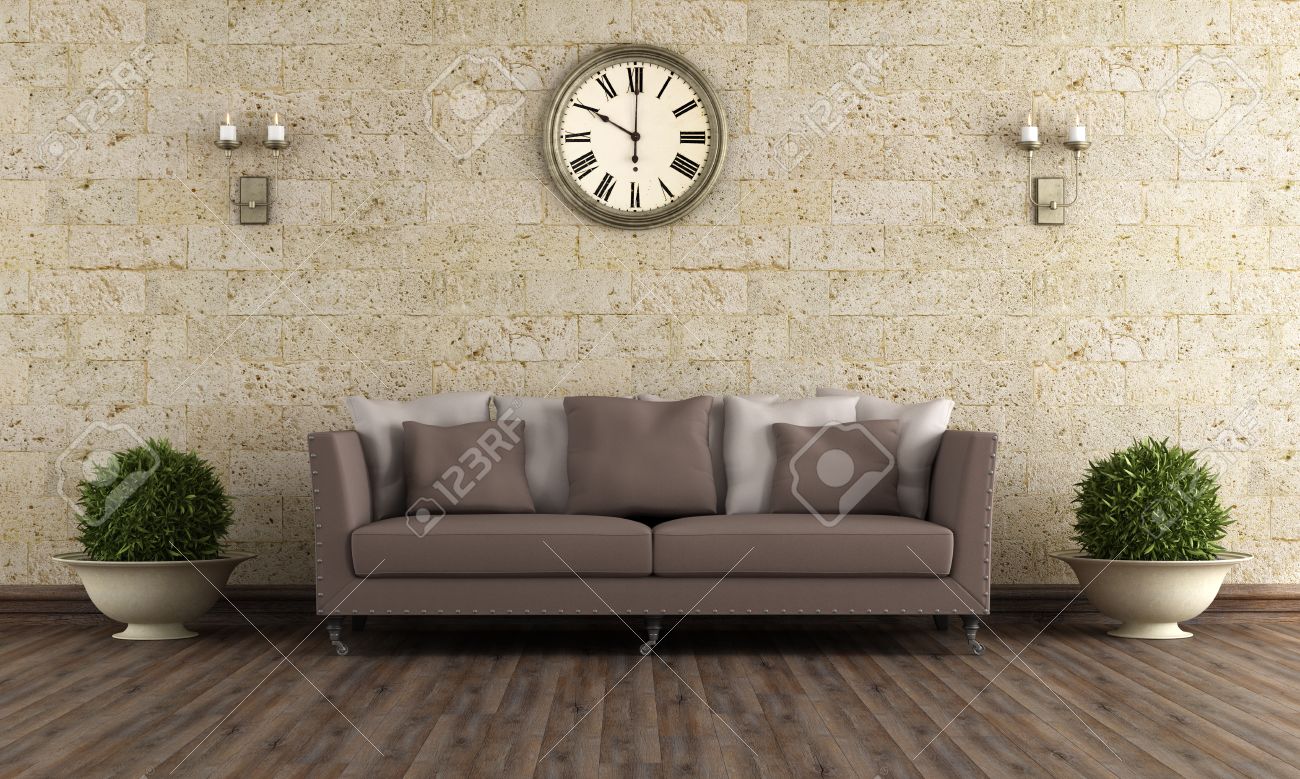 Klassisches wohnzimmer mit braunen sofa gegen steinmauer 3d ... Zimmer braune couch