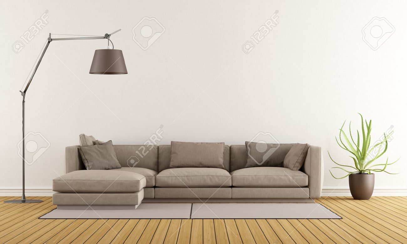 Salon moderne avec canapé marron sur la lampe de tapis et le ...