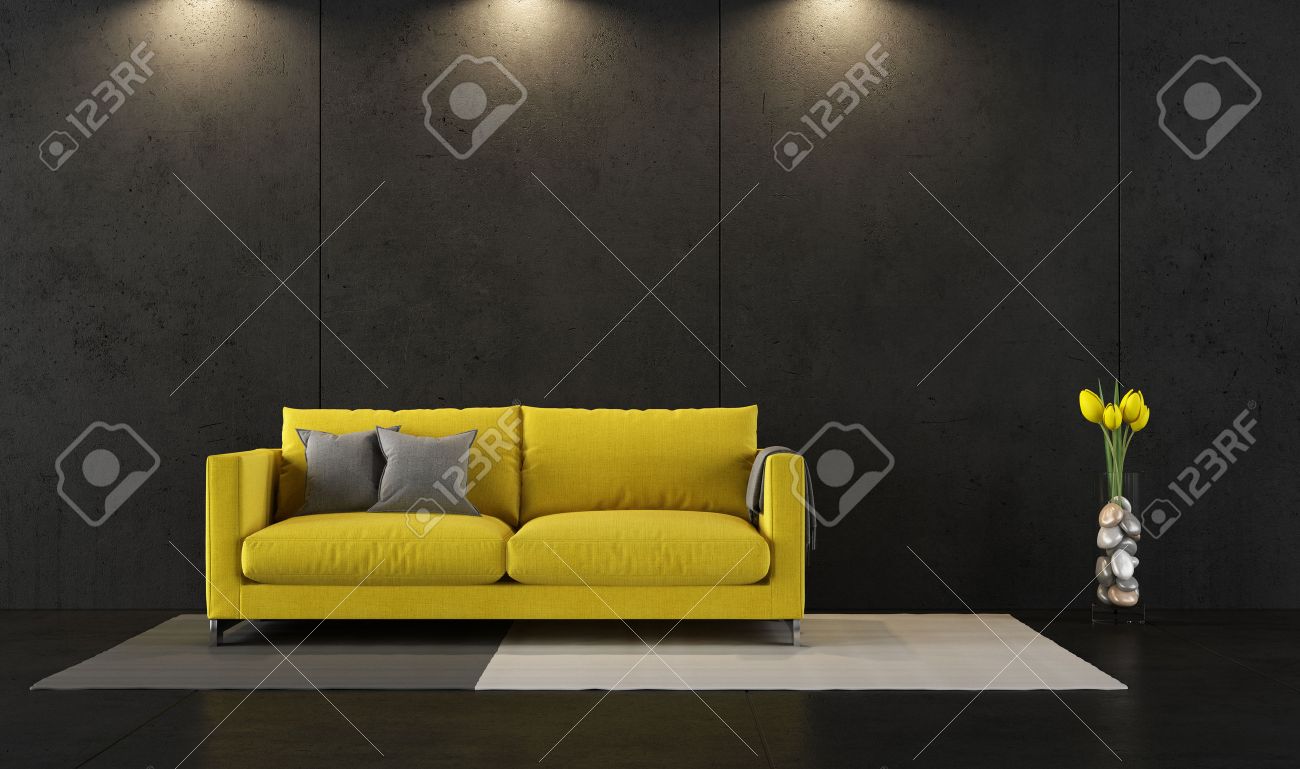 Zwarte woonkamer met eigentijdse gele bank 3d rendering royalty ... Woonkamer gele muur