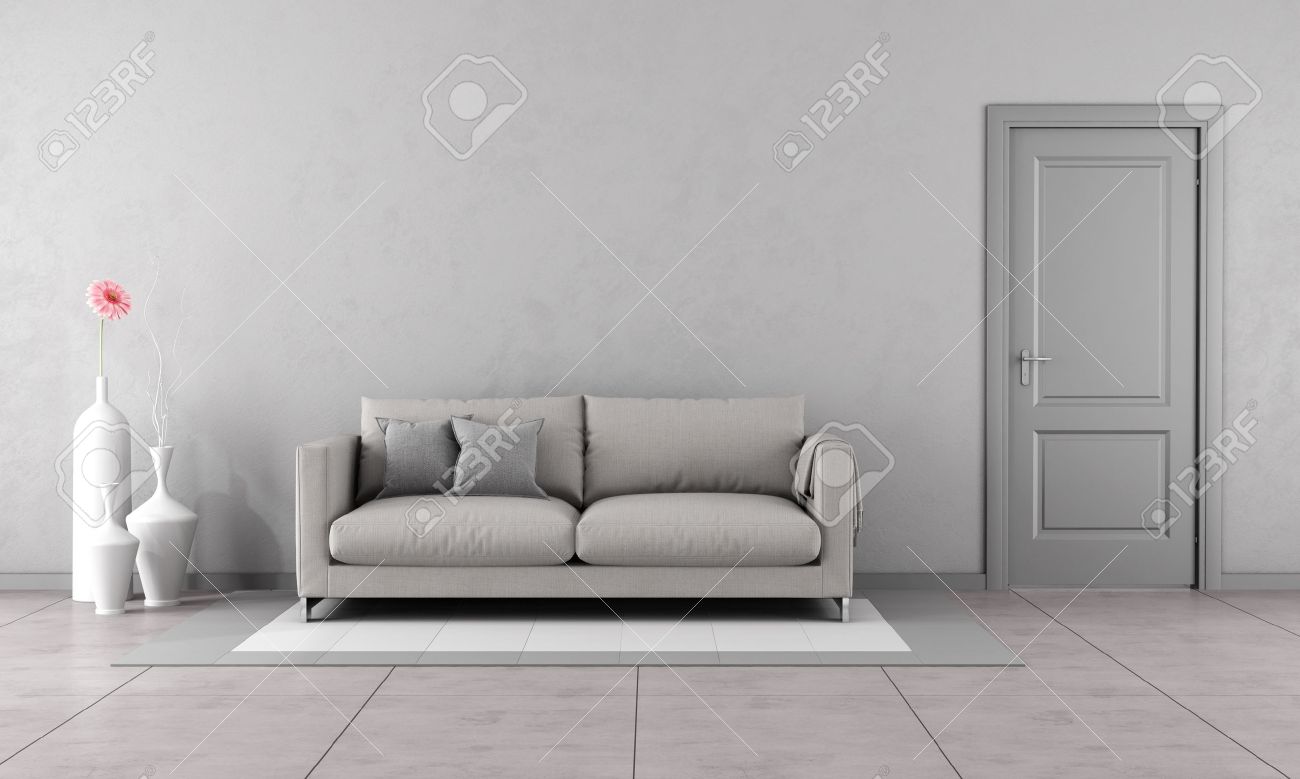 Grå vardagsrum med modern soffa och stängd dörr 3d rendering ...