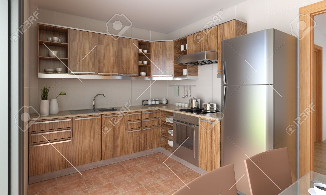 Interior design of a modern kitchen in tan and wood. this is ...