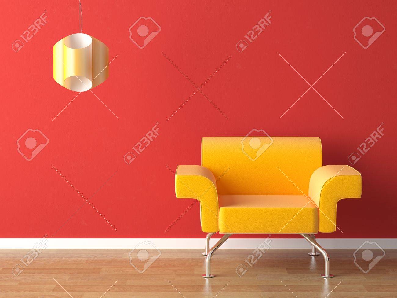 Interior design moderne canapé jaune sur le mur rouge avec une ...